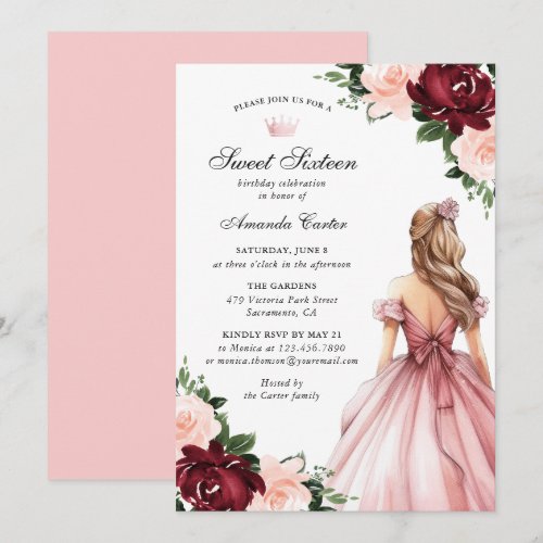 Pink Burgundy Floral Sweet Sixteen Invitation