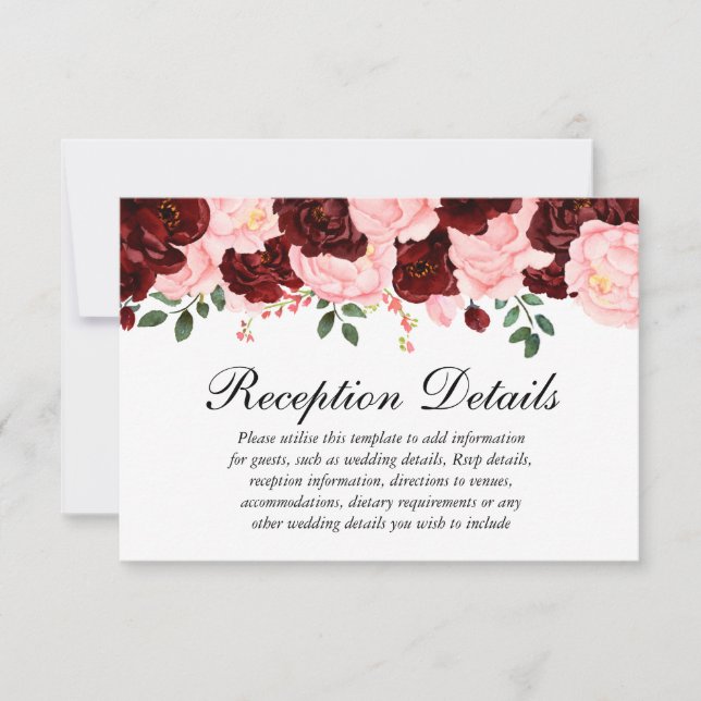 Pink Burgundy Floral Wedding Reception details Invitation (Front)