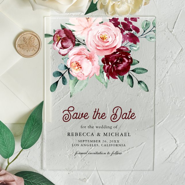 Pink Burgundy Floral Wedding Save the Date Acrylic Invitations (Creator Uploaded)