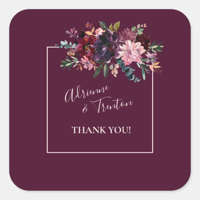 Pink & Burgundy Floral Wedding Thank You Square Sticker (Front)