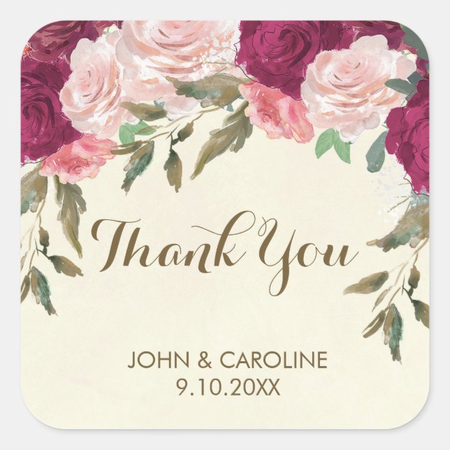 pink burgundy floral wedding thank you sticker (Front)
