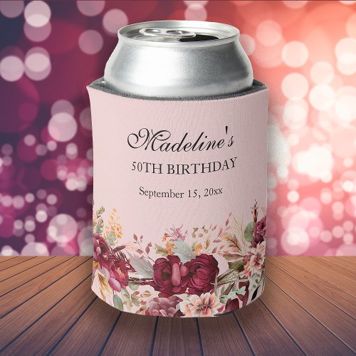 Pink Burgundy Floral Womens 50th Birthday Can Cooler