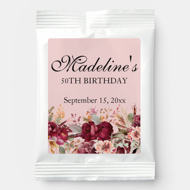 Pink Burgundy Floral Women's 50th Birthday Margarita Drink Mix (Front)