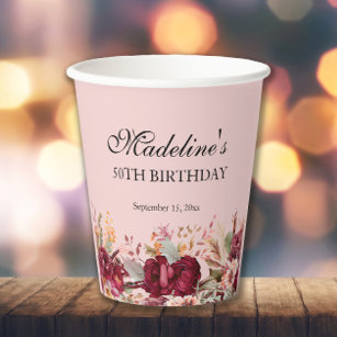 Pink Burgundy Floral Women's 50th Birthday Paper Cups