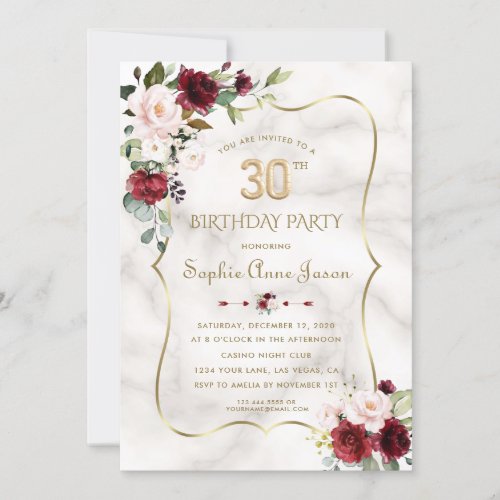 Pink Burgundy Flowers Gold Marble 30th Birthday  Invitation