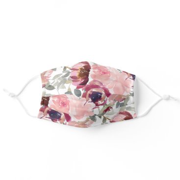 Pink Burgundy Flowers Green Leaves White Stylish Adult Cloth Face Mask