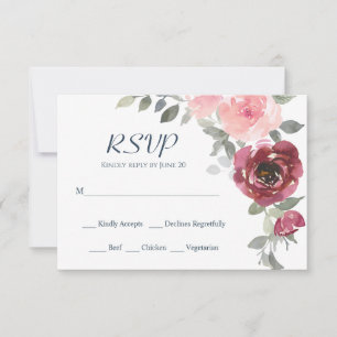 Pink Burgundy Flowers Greenery Watercolor Wedding RSVP Card