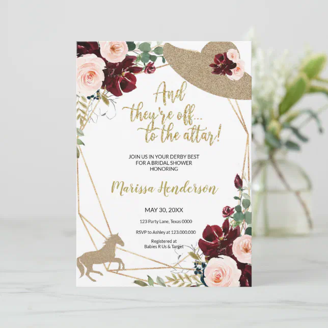 Pink Burgundy Flowers Kentucky Derby Bridal Shower Invitation
