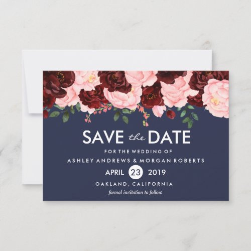 Pink Burgundy Flowers Navy Wedding Save The Date