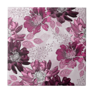 Pink, burgundy flowers on dusty pink ceramic tile