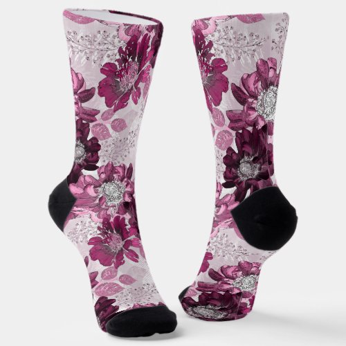 Pink burgundy flowers on dusty pink socks