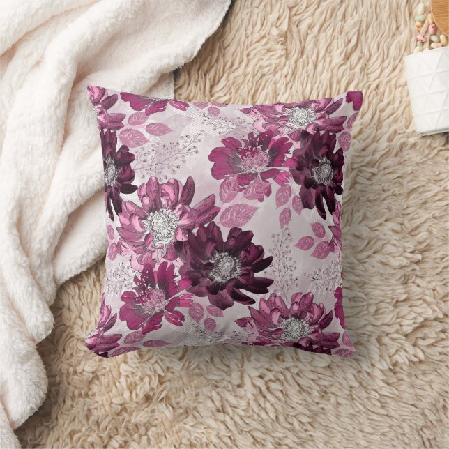 Pink, burgundy flowers on dusty pink throw pillow (Blanket)