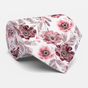 Pink, burgundy flowers on white background. neck tie