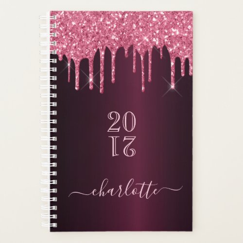 Pink burgundy glitter drips name 2024 planner