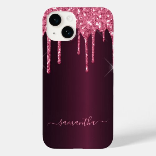 Pink burgundy glitter drips name script Case_Mate iPhone 14 case