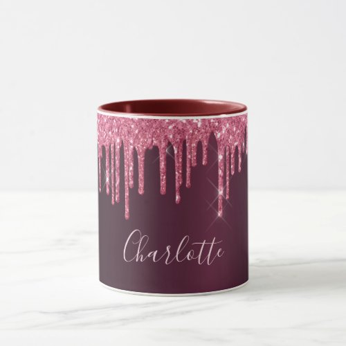 Pink burgundy glitter drips name script mug