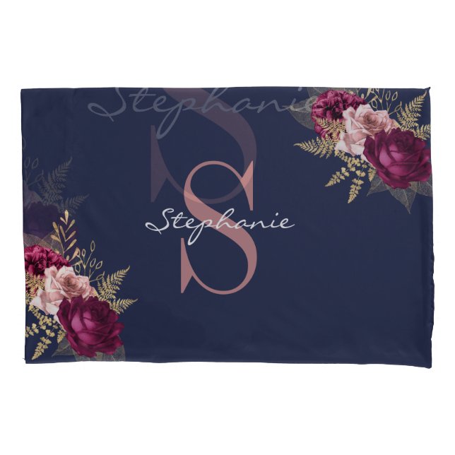 Pink Burgundy Gold Floral Monogram Custom Name  Pillow Case (Front)