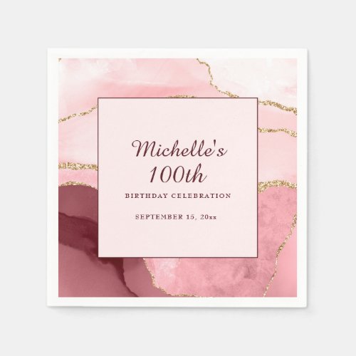 Pink Burgundy Gold Marble Agate 100th Birthday  Napkins