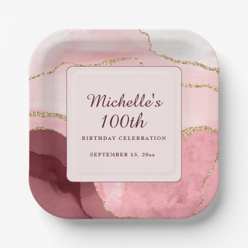 Pink Burgundy Gold Marble Agate 100th Birthday Paper Plates