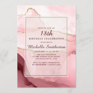 Pink Burgundy Gold Marble Agate 18th Birthday Invitation