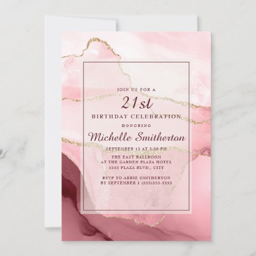 Pink Burgundy Gold Marble Agate 21st Birthday Invitation