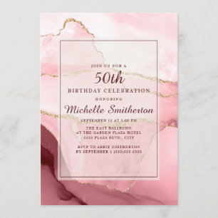 Pink Burgundy Gold Marble Agate 50th Birthday Invitation