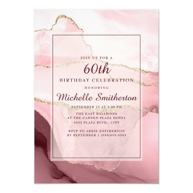 Pink Burgundy Gold Marble Agate 60th Birthday Invitation