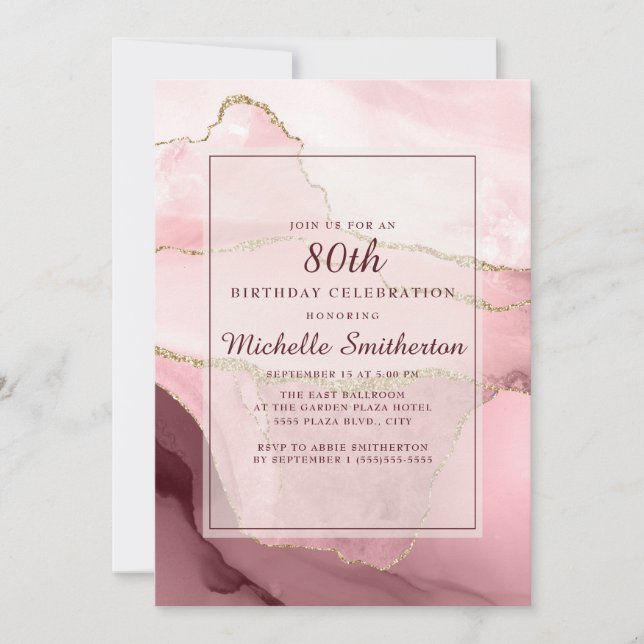 Pink Burgundy Gold Marble Agate 80th Birthday Invitation (Front)