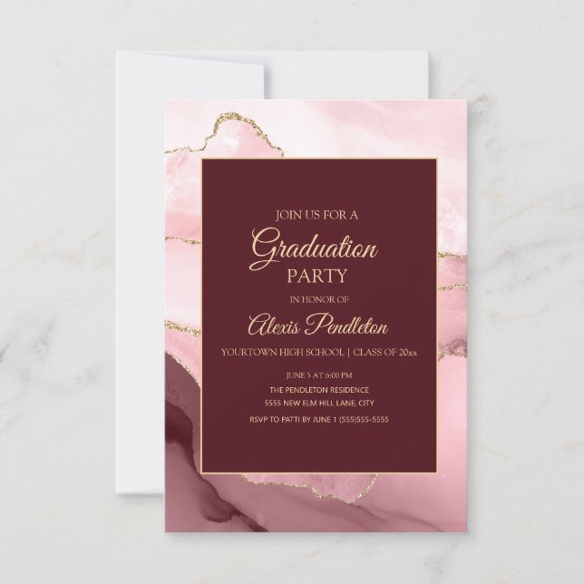 Pink Burgundy Gold Marble Agate Graduation Invitation (Front)