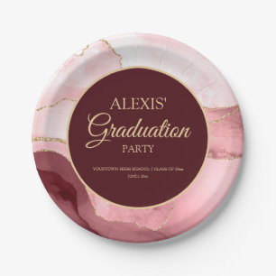 Pink Burgundy Gold Marble Agate Graduation Paper Plates