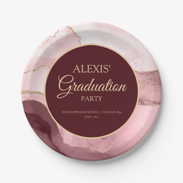 Pink Burgundy Gold Marble Agate Graduation Paper Plates (Front)