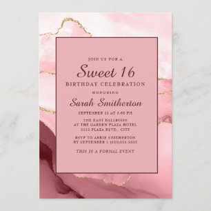 Pink Burgundy Gold Marble Agate Sweet 16 Invitation