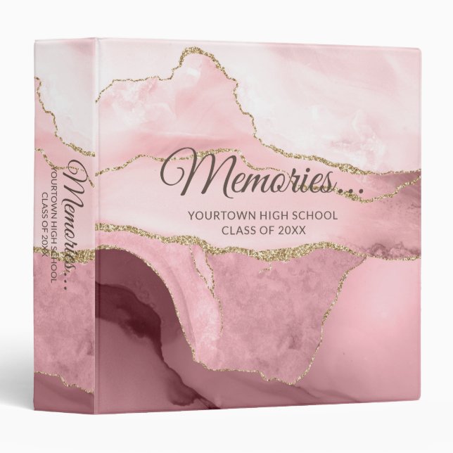 Pink Burgundy Gold Marble Memories School Year 3 Ring Binder (Front/Spine)