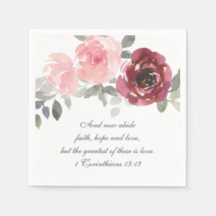 Pink Burgundy Grey Floral Bible Verse Wedding Napkins