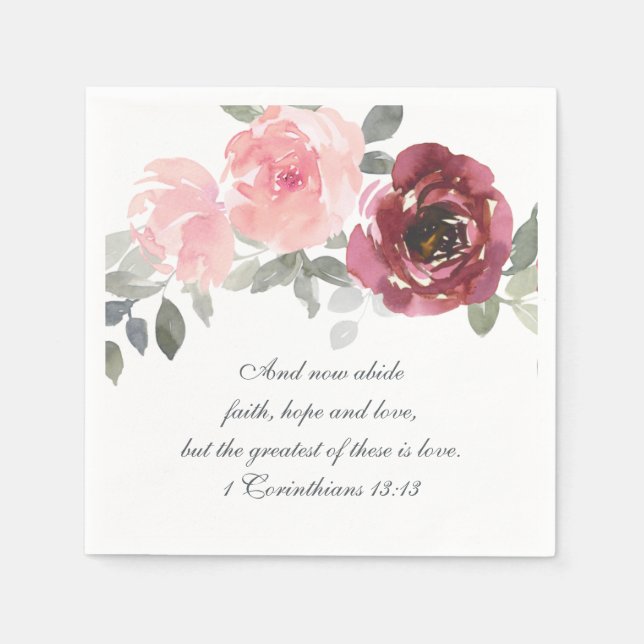 Pink Burgundy Grey Floral Bible Verse Wedding Napkins (Front)