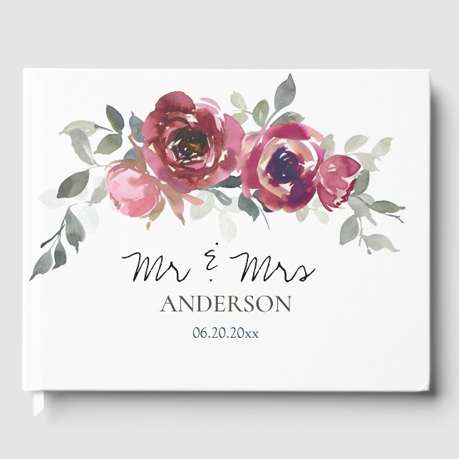 Pink Burgundy Grey Floral Mr & Mrs Wedding Guest Book (Front)