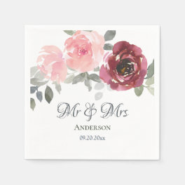Pink Burgundy Grey Floral Mr & Mrs Wedding Napkins