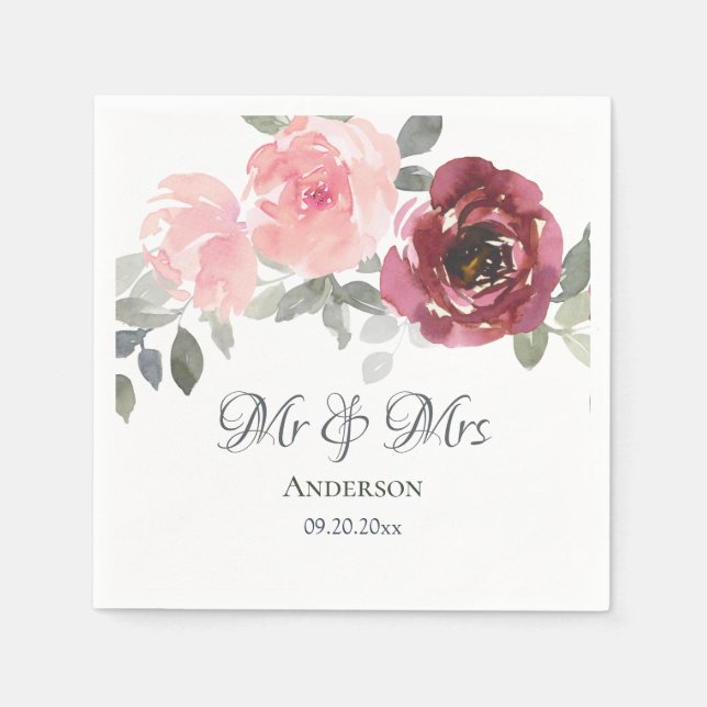 Pink Burgundy Grey Floral Mr & Mrs Wedding Napkins (Front)