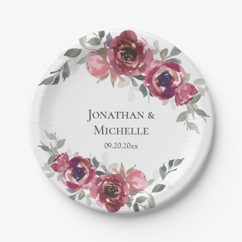 Pink Burgundy Grey Floral Watercolor Wedding Paper Plates