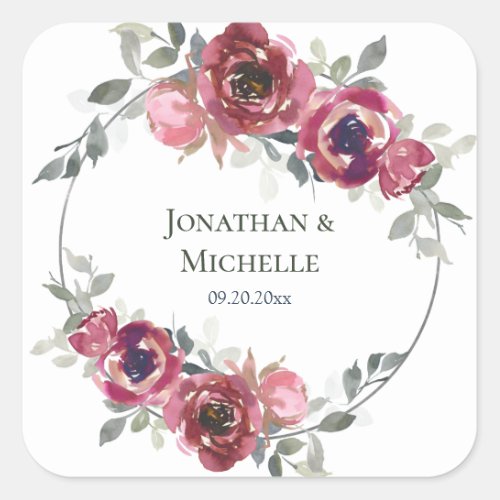 Pink Burgundy Grey Floral Watercolor Wedding Square Sticker