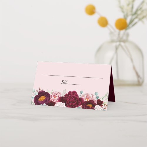 Pink Burgundy Marsala Watercolor Floral Place Card