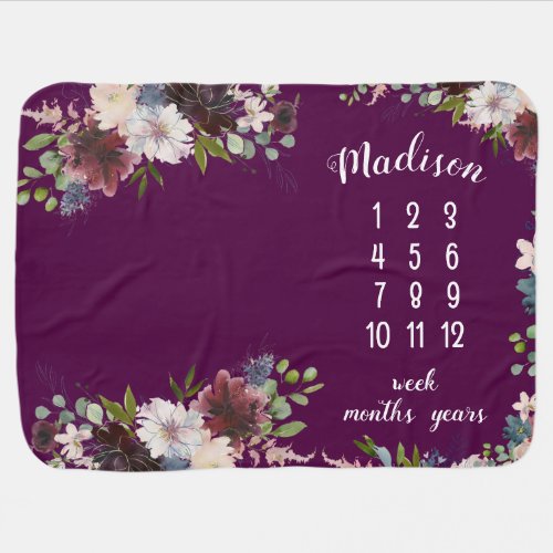 Pink Burgundy Navy Floral on Purple Milestone Baby Blanket