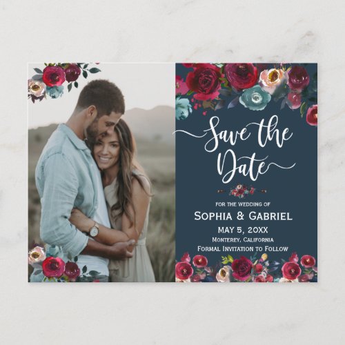 Pink Burgundy Navy Floral Save the Date Photo Announcement Postcard