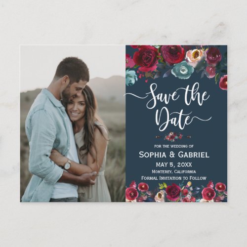 Pink Burgundy Navy Floral Save the Date Photo Announcement Postcard