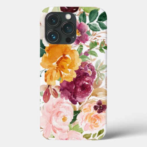 Pink Burgundy Orange Watercolor Floral iPhone 13 Pro Case