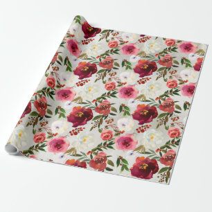 Pink Burgundy Peonies Roses & Berries Garden Wrapping Paper
