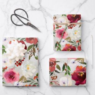 Pink & Burgundy Peony & Berries Floral Garden Wrapping Paper Sheets