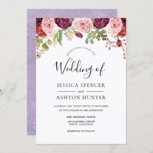 Pink Burgundy  Purple Watercolor Floral Wedding Invitation