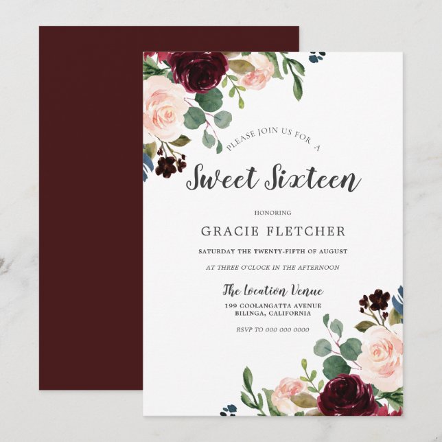 Pink & Burgundy Red Flowers Sweet 16 Party Invitation (Front/Back)