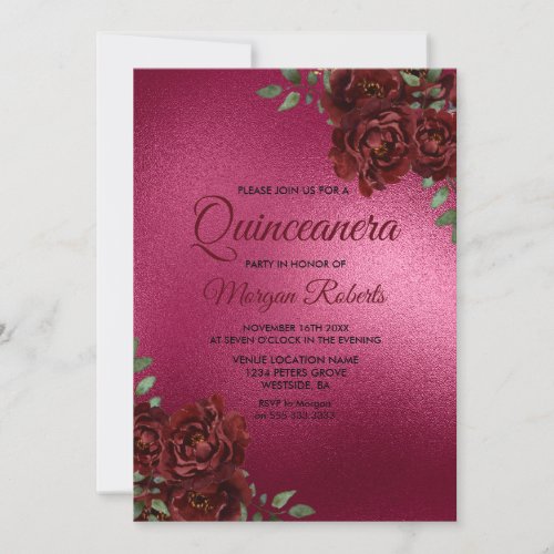 Pink  Burgundy Red Rose Quinceanera Invite